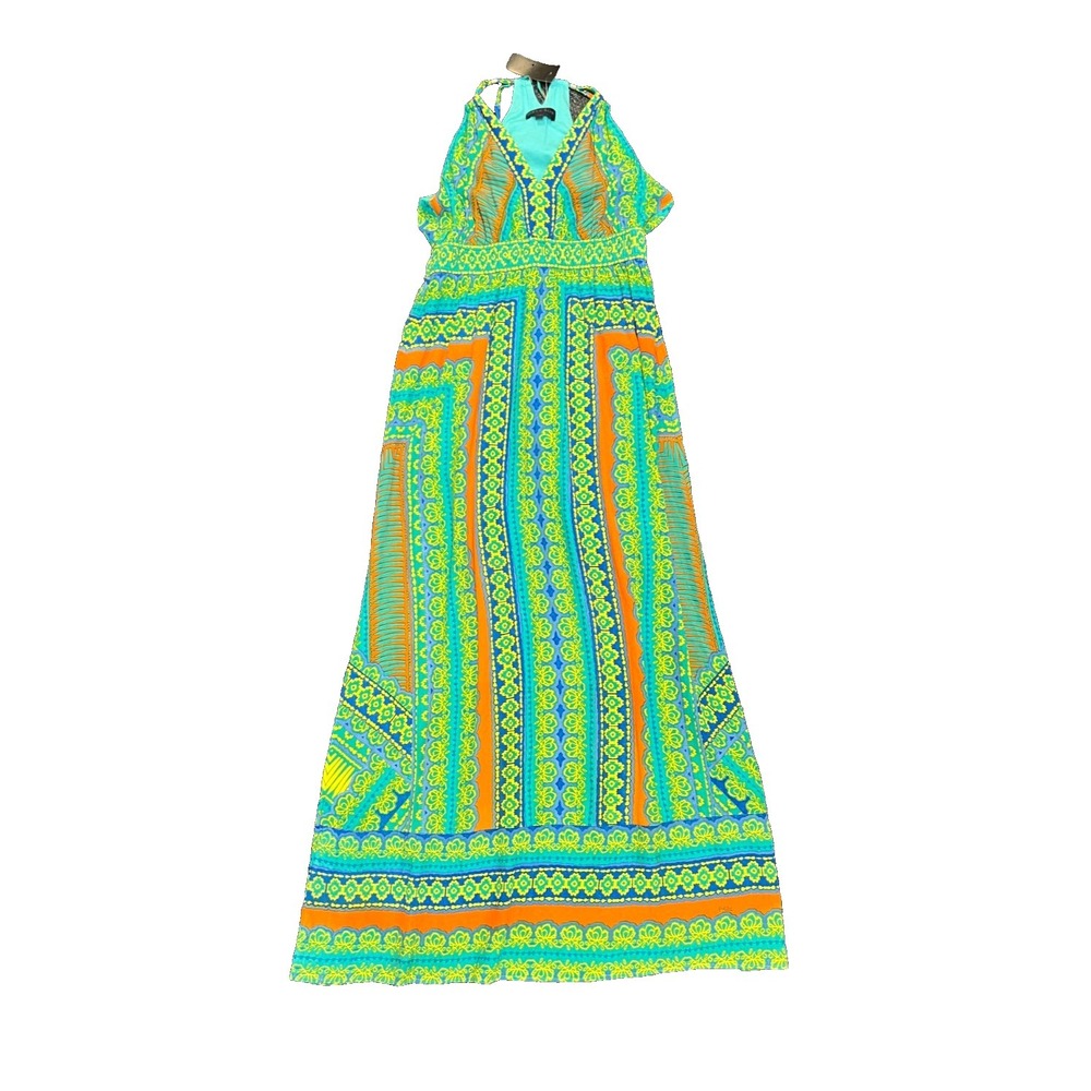 Hale Bob BoHo Maxi Dress Green Orange Print Empire Waist Tie Neck Lined SZ S